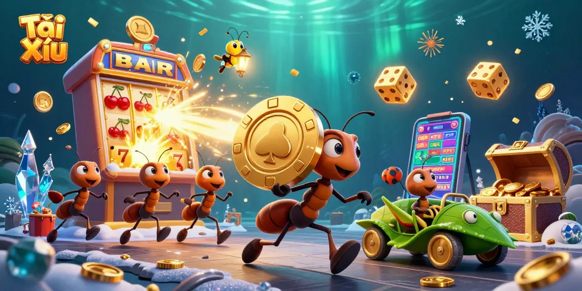 Engage in Tài Xỉu excitement as ants chase a golden chip amidst casino elements.