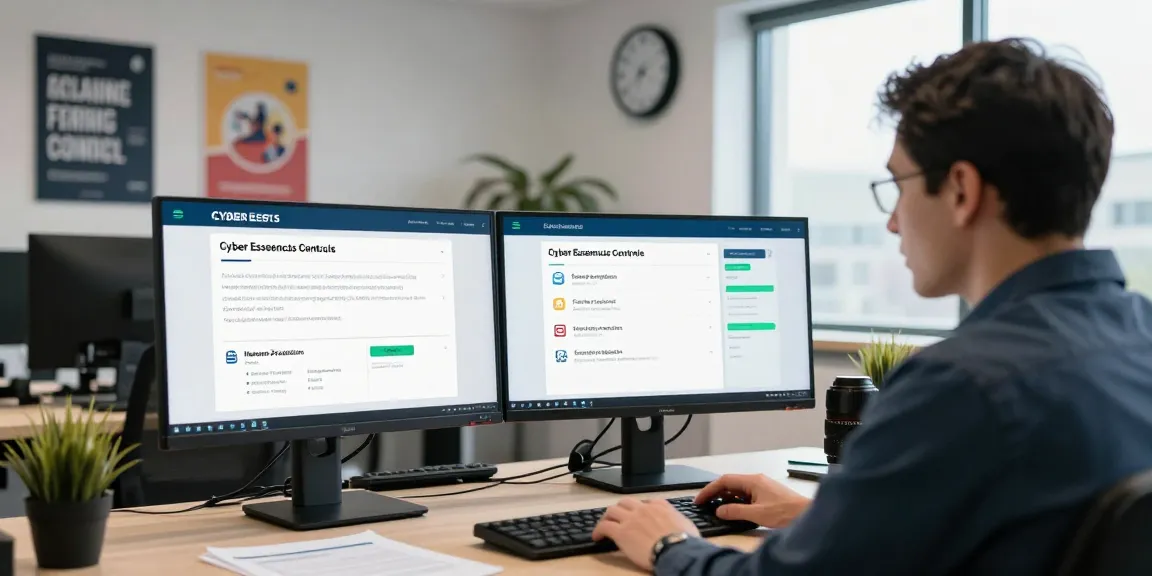 IT professional reviewing the Cyber Essentials questionnaire for comprehensive cybersecurity compliance in a modern office.