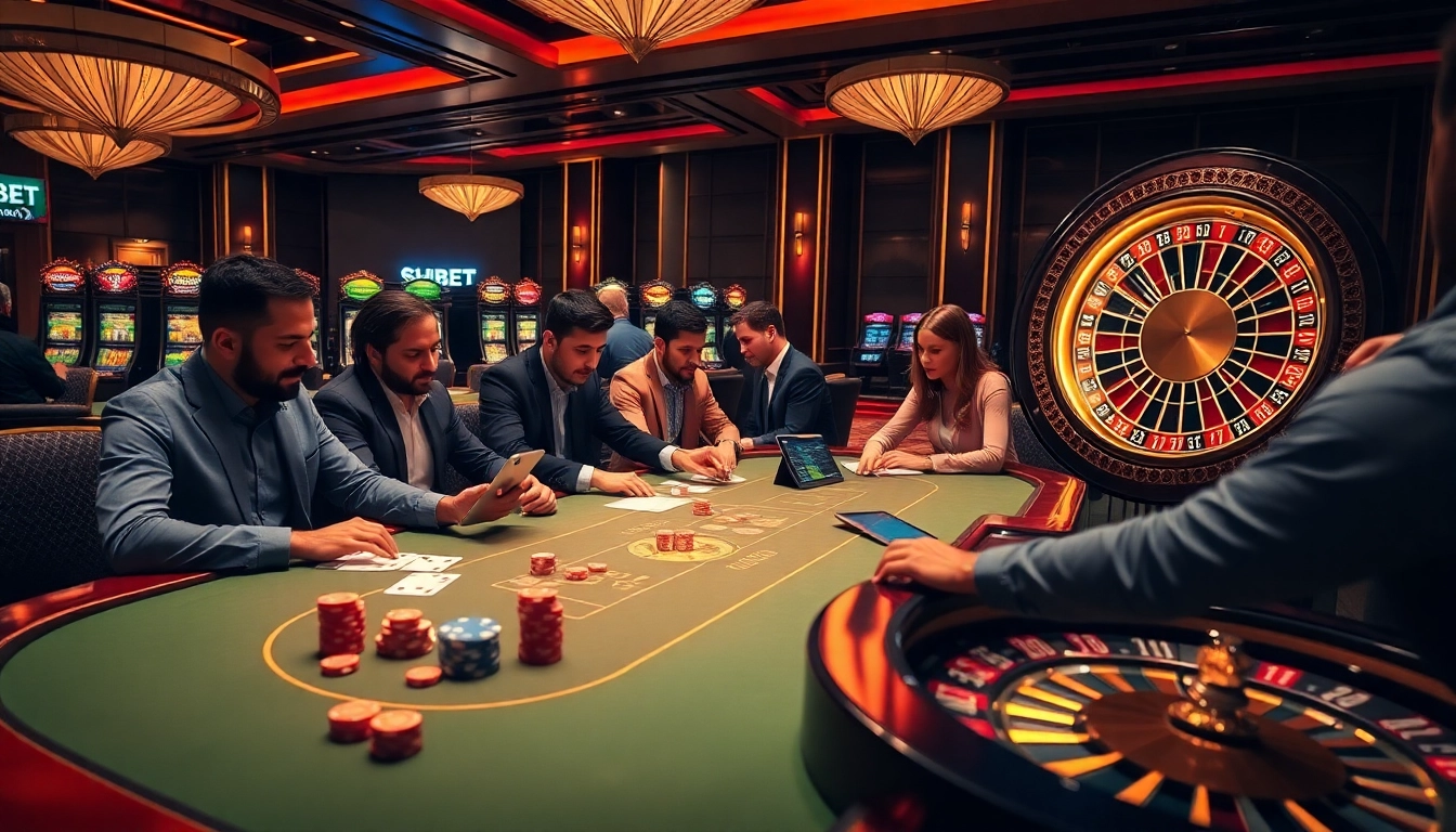 Excited players at a SHBET casino table experiencing thrilling gameplay amid a luxurious atmosphere.