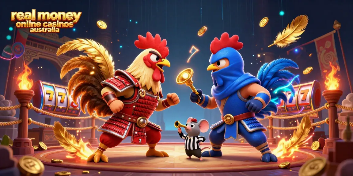 Witness an epic showdown between fighting roosters in this vibrant real money online casinos australia illustration of a gaming atmosphere.