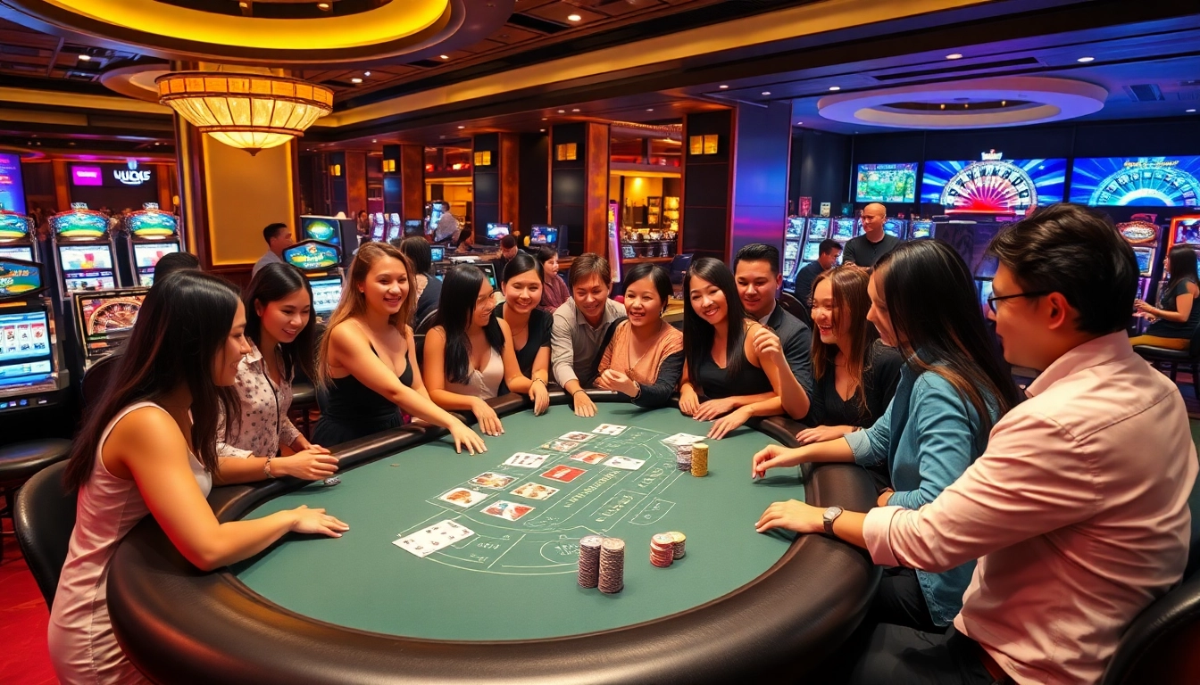 Players experiencing the excitement of lu88 at a lavish baccarat table in a casino.
