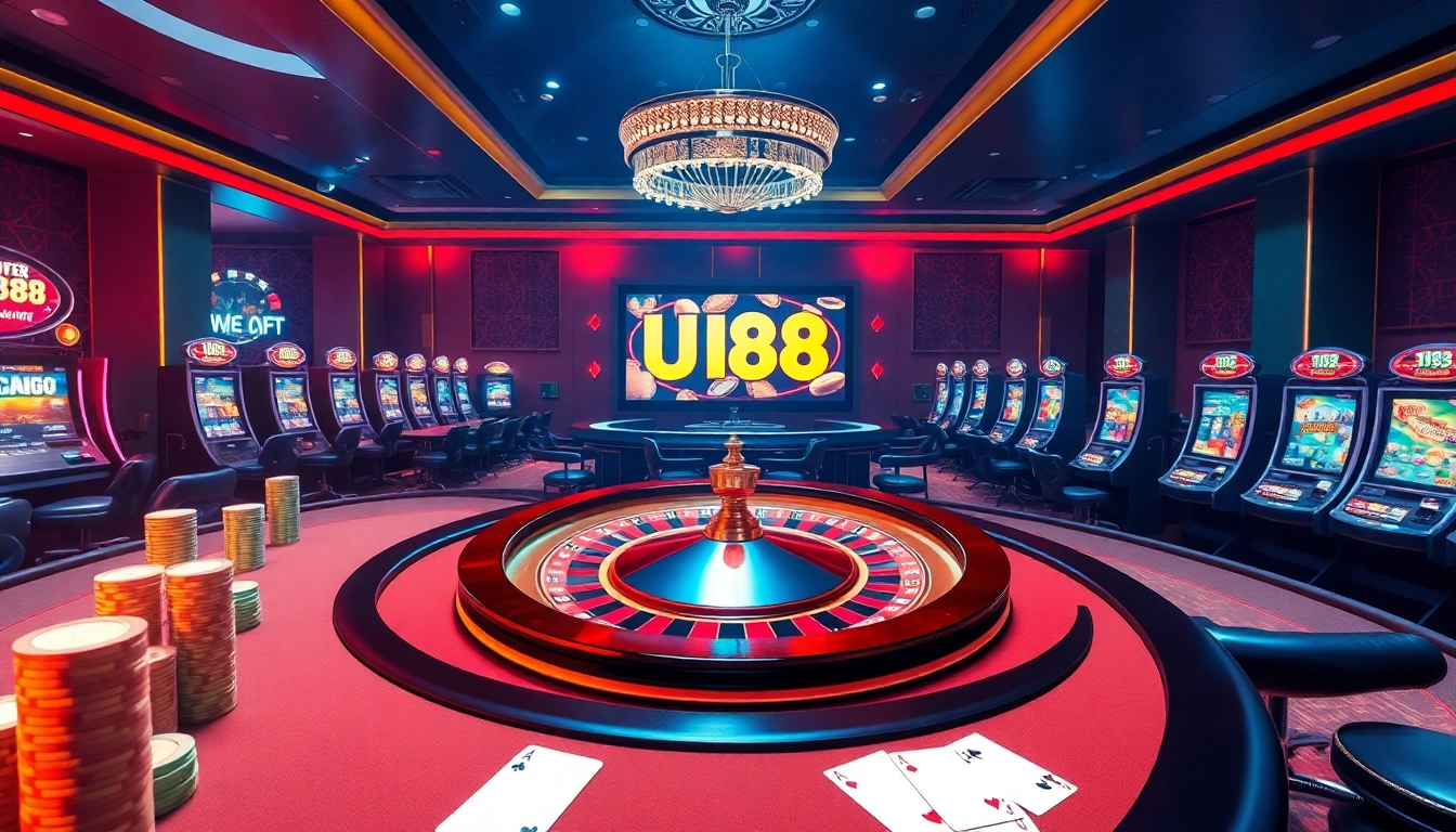 UU88 online gambling scene with luxury casino tables and vibrant slot machines, embodying excitement.
