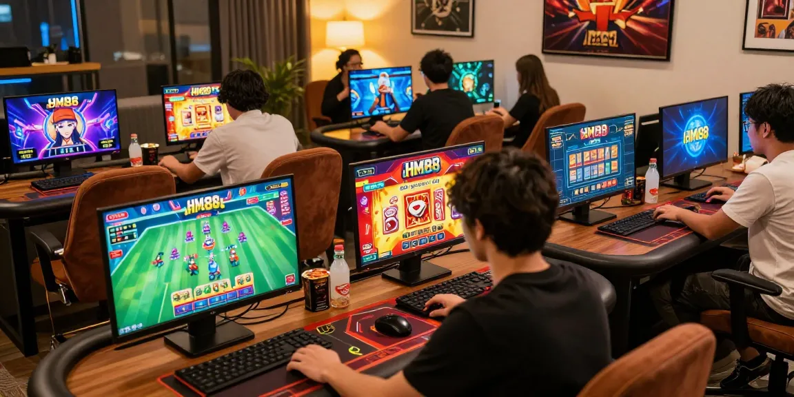 Players engaging with HM88 online gaming platform in a vibrant setting