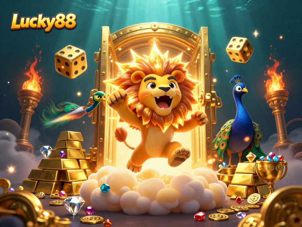 Experience the thrill of Lucky88 with vibrant gems, golden dice, and a roaring lion in an exciting casino scene.