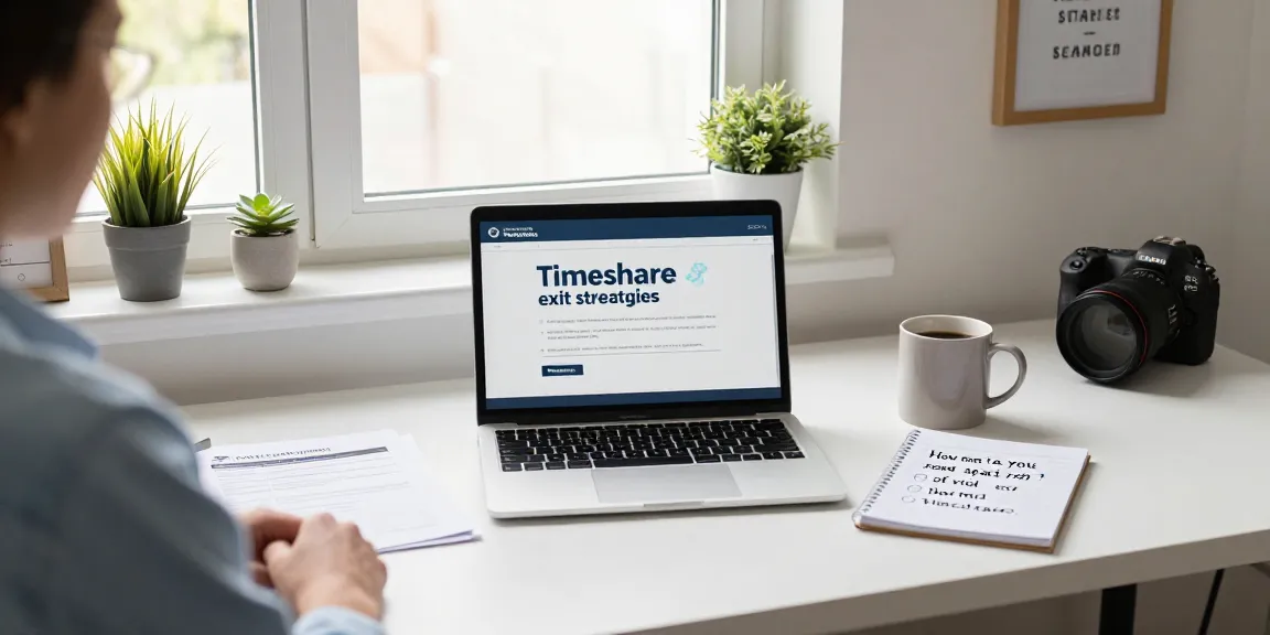 Person working on how can you get rid of a timeshare in a bright home office, with documents and laptop