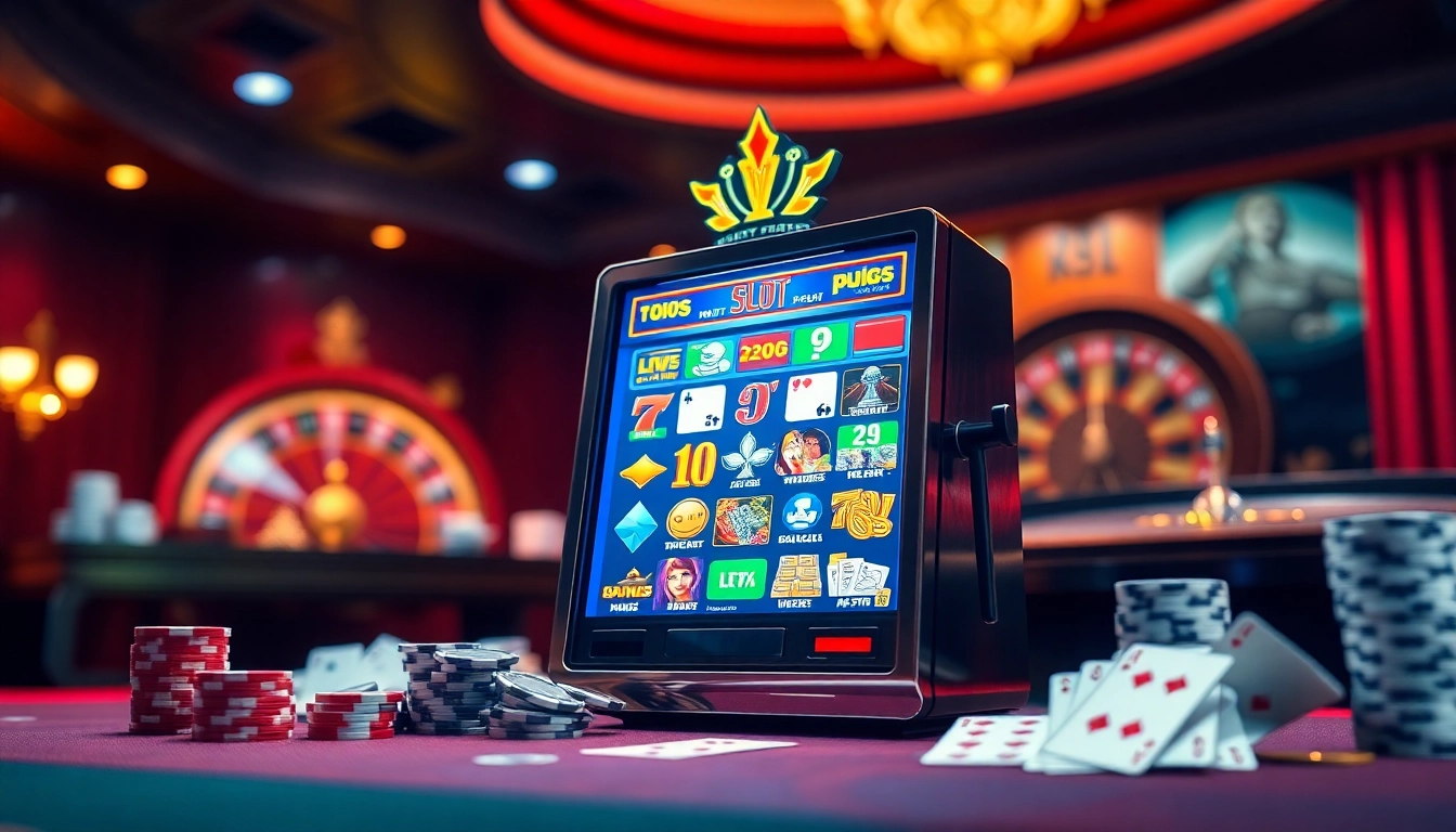 Experience the thrill of slot deposit pulsa while playing an exciting slot machine surrounded by casino elements.