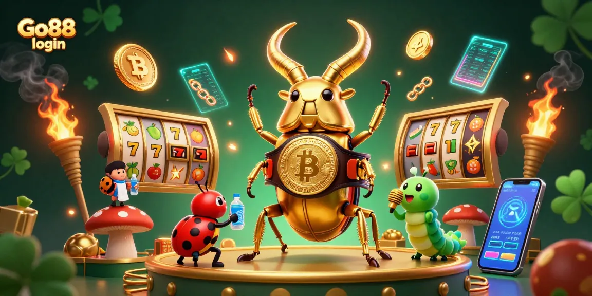 Play and win with Go88 login featuring a dynamic scene of a giant beetle champion surrounded by vibrant casino elements.