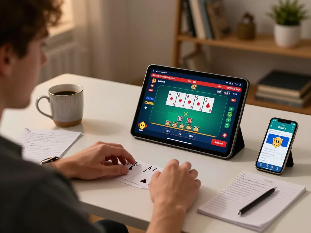 Tải app fun79 for strategic online gaming at home, showcasing live poker gameplay on a tablet.