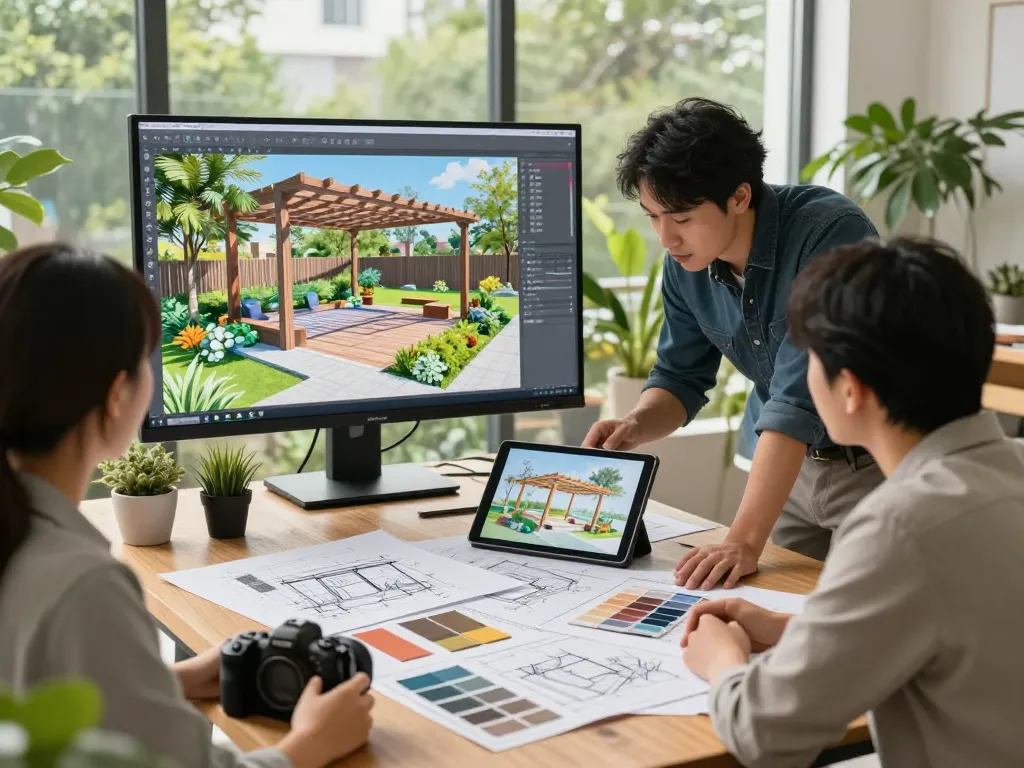 Esperto che utilizza software per pergole per aziende per progettare strutture esterne personalizzate in uno studio luminoso.