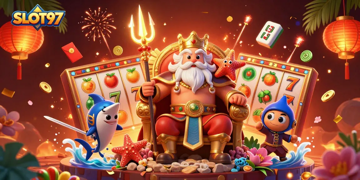 Experience the vibrant gaming world of SLOT97 with 3D cartoon Neptune, lucky 7s, and slot reels.
