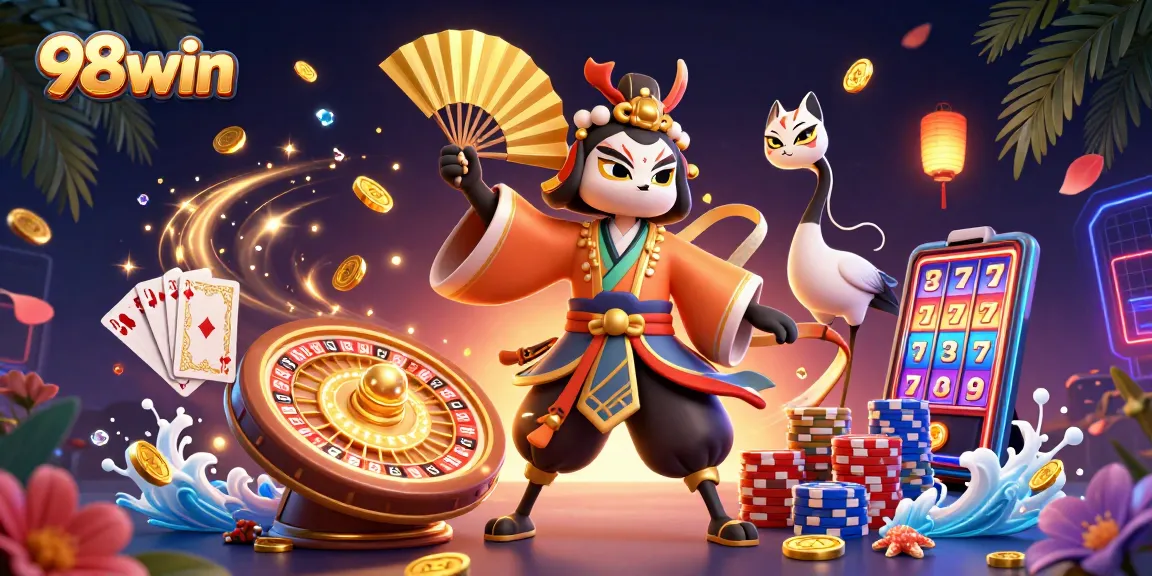 Engage in thrilling gameplay at 98win, featuring vibrant scenes of kabuki warriors and dynamic casino elements.