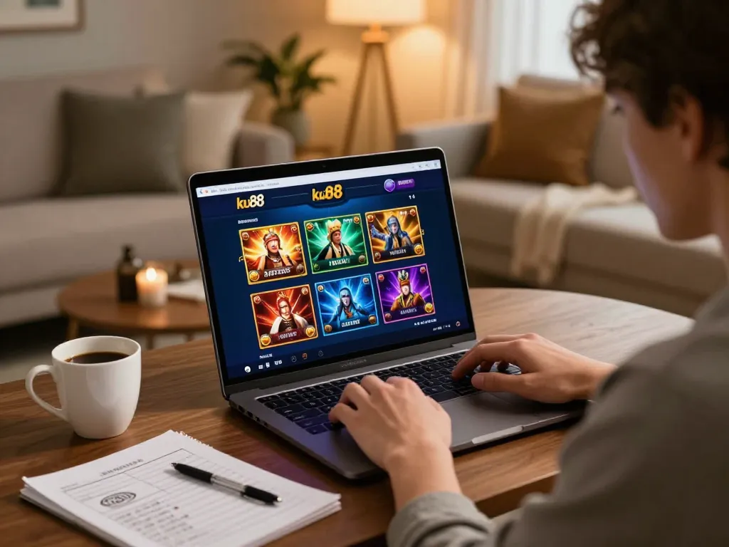 Engaged player enjoying ku88 casino online gaming on a laptop with vibrant interface and strategy notes.