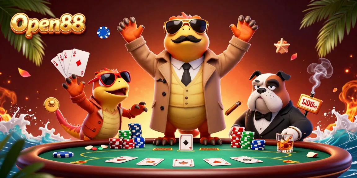 Open88 showcases a lively scene with cartoon raptors at a VIP casino, surrounded by poker elements.