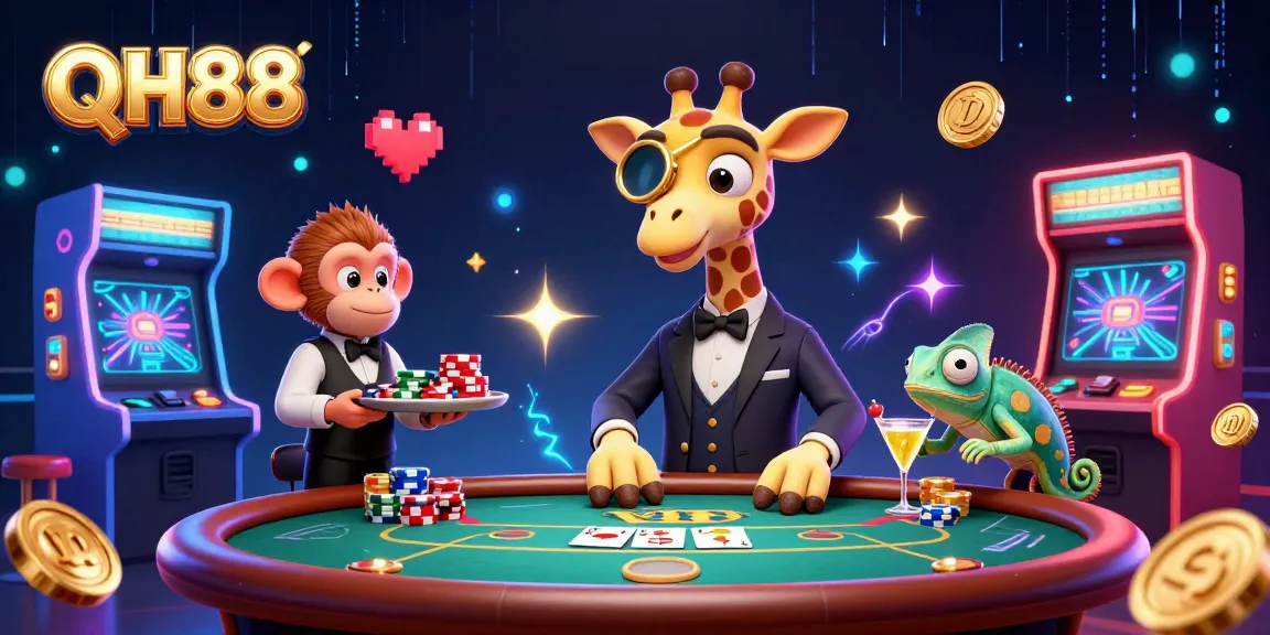 Join the high-stakes action at QH88 with a vibrant casino scene featuring a giraffe, monkey, and chameleon.