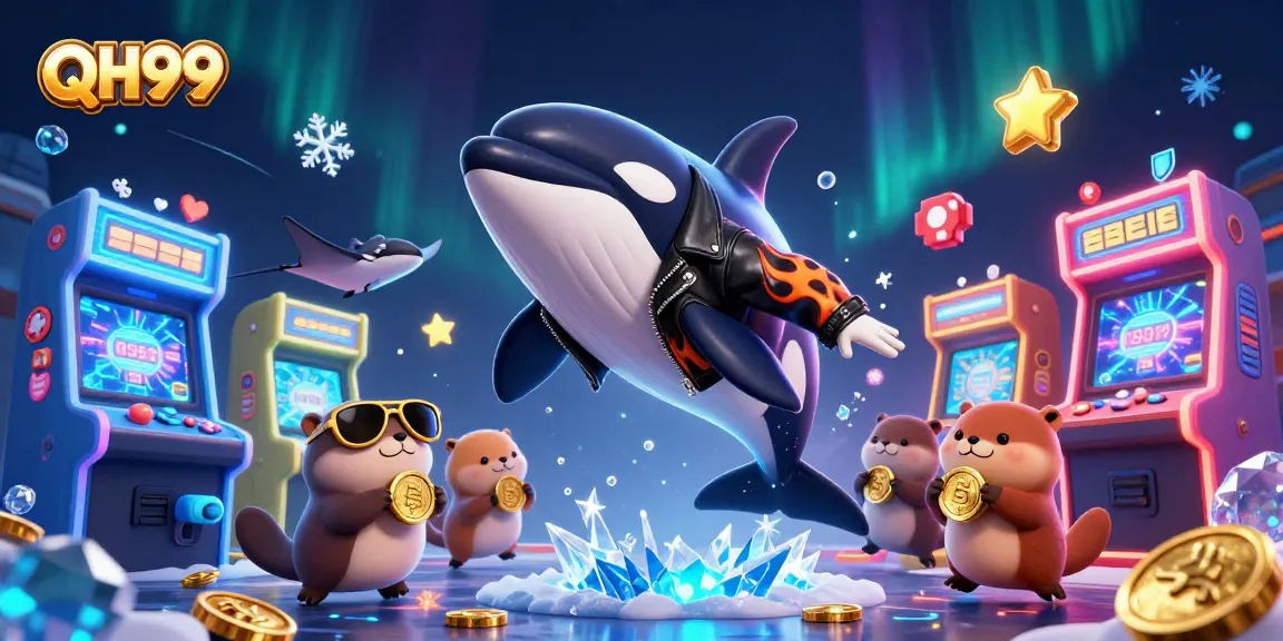 QH99 players winning with orca, stingray, and otters in a vibrant casino scene