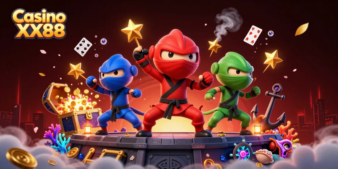 Engage with Casino XX88: 3D ninja chameleons showcase their casino skills amidst dynamic game elements.