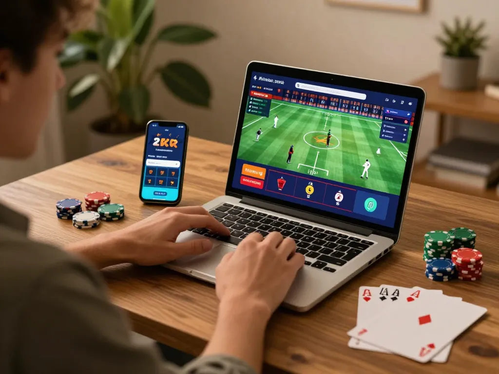 Player engaged in sports betting using mm88bet on a laptop, creating an exciting online gambling atmosphere.