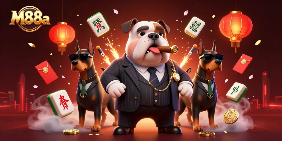 Experience high-stakes gaming with M88a as a mafia boss bulldog leads two Doberman bodyguards in a vibrant casino setting.