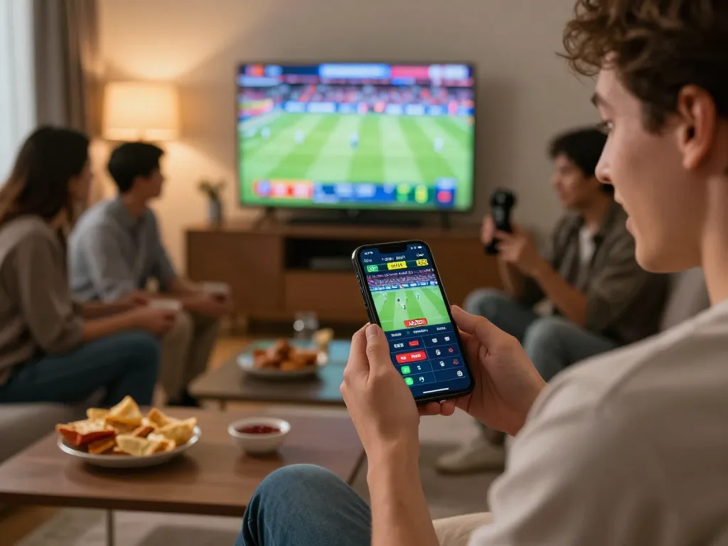 Engaging with nhà cái J188 through intuitive mobile betting interface during a live sports event, showcasing excitement.