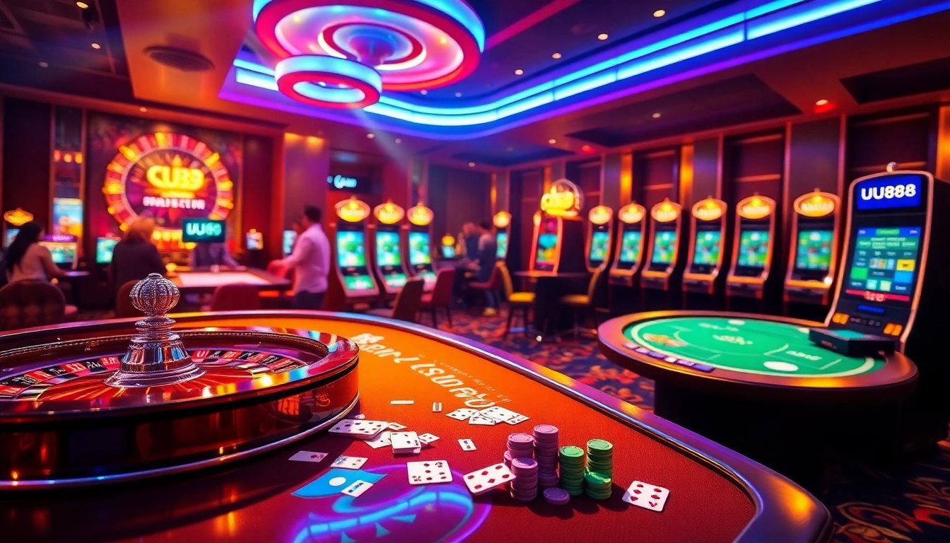 UU88 online casino featuring vibrant tables, colorful chips, and an exciting gambling atmosphere.