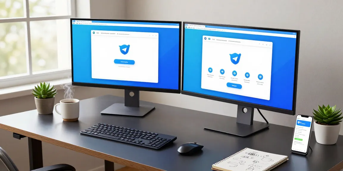 Using the Telegram Web Version on a dual-monitor setup in a modern workspace.