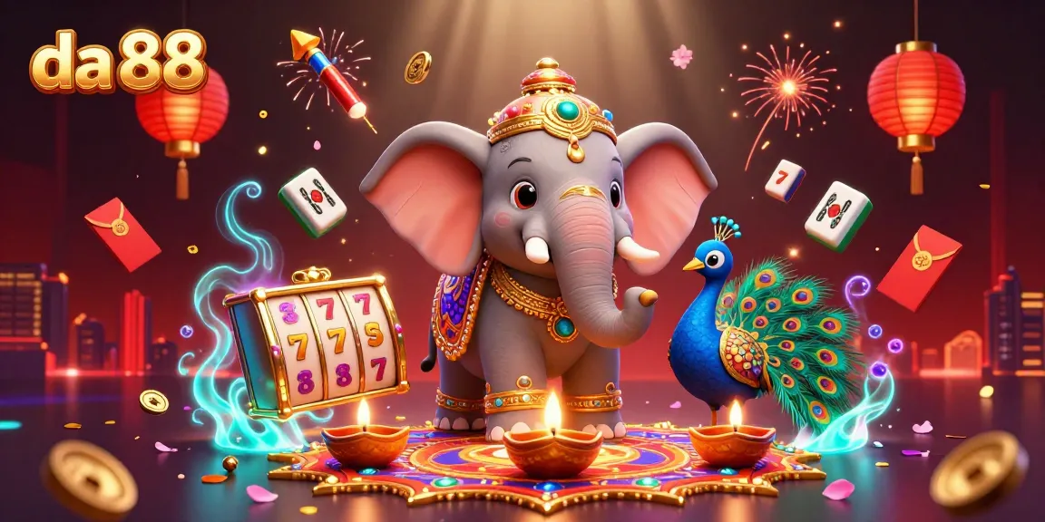 Engage with the vibrant da 88 casino scene featuring festive elements and slot game symbols.