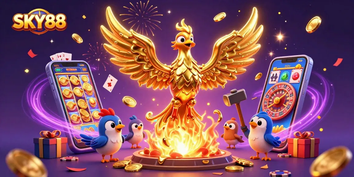 Experience thrilling casino games with the SKY88 3D phoenix illustration showcasing gold coins and exciting action.