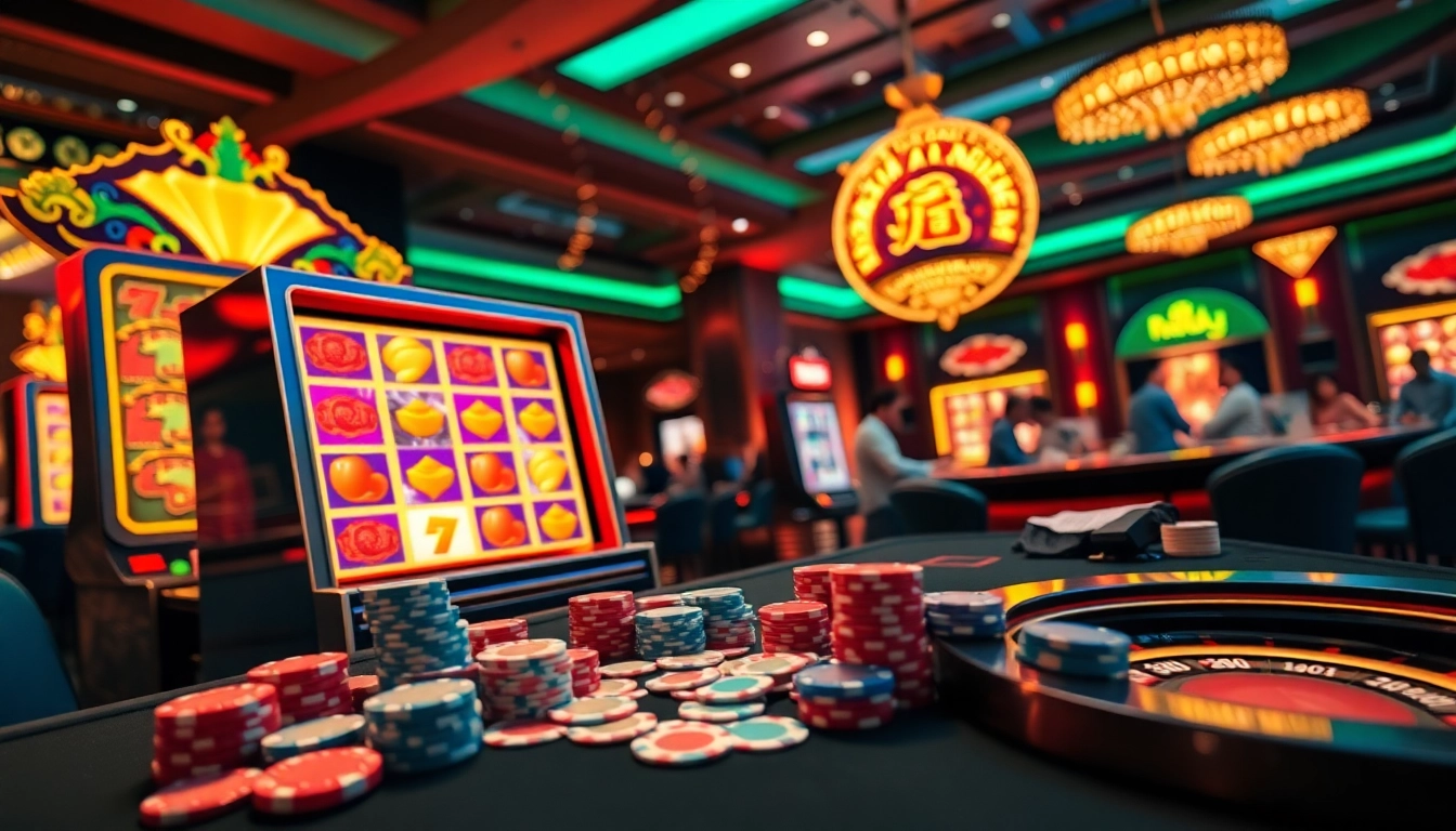 Win big on nổ hũ at a vibrant casino scene with colorful slot machines and excited players.