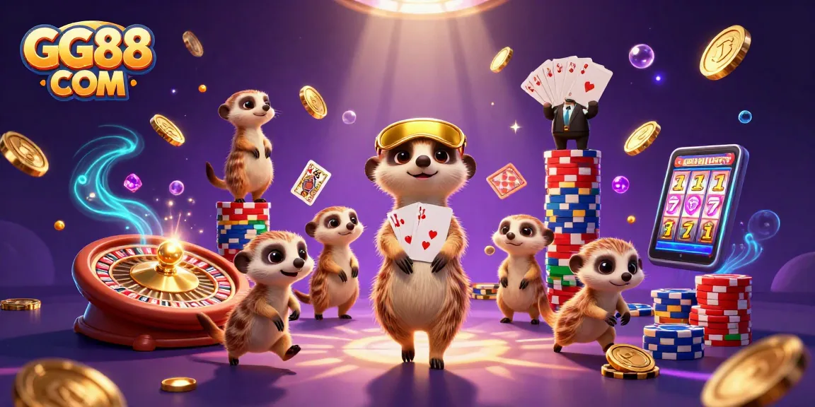 Experience the exciting atmosphere of GG88 COM with animated meerkats running a lively casino, showcasing dynamic gaming elements.