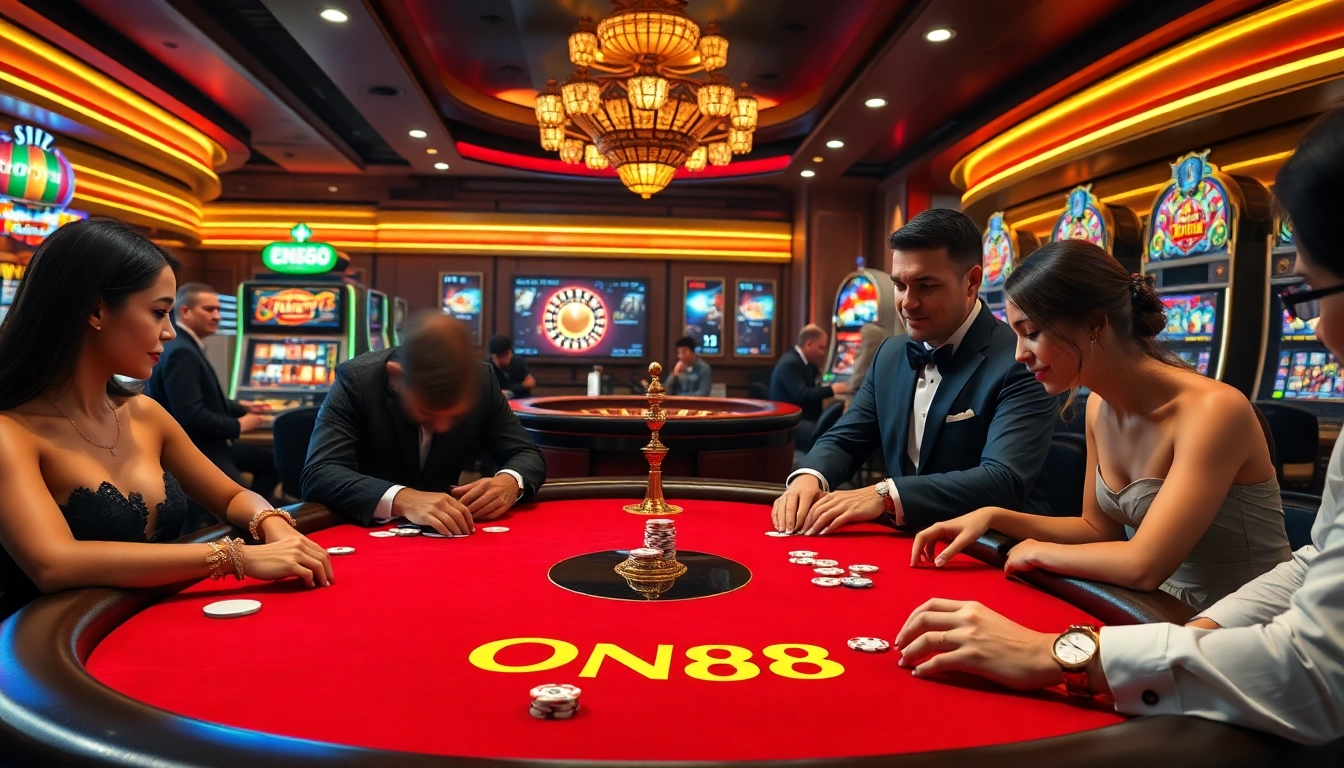 Engaging poker players at a luxurious ONE88 gaming table in an exciting casino atmosphere.