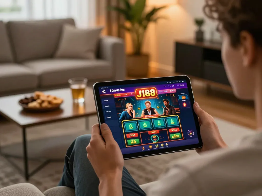 Engaging with the trang chủ J188 platform, a player enjoys online casino gaming in a cozy living room setting.