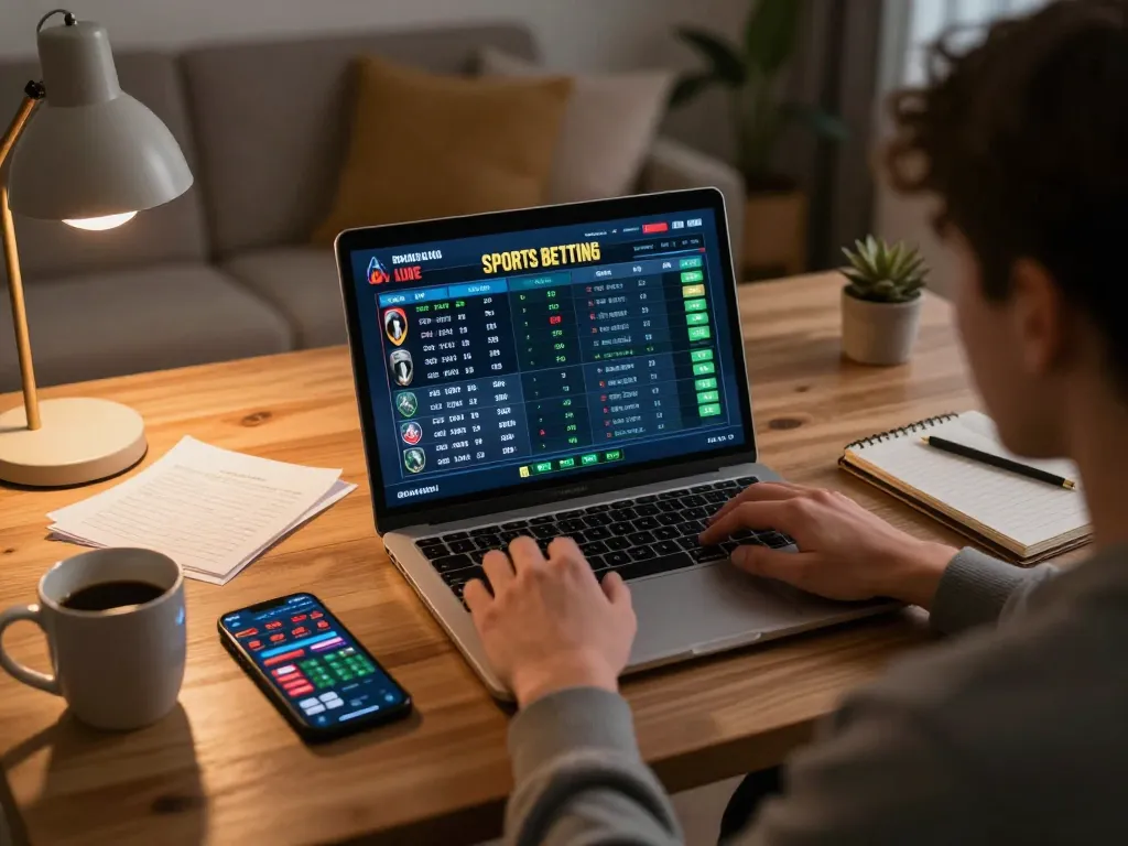 Sports betting strategy at home using soi keo nha cai on laptop, with live odds and notes visible, creating a focused environment.