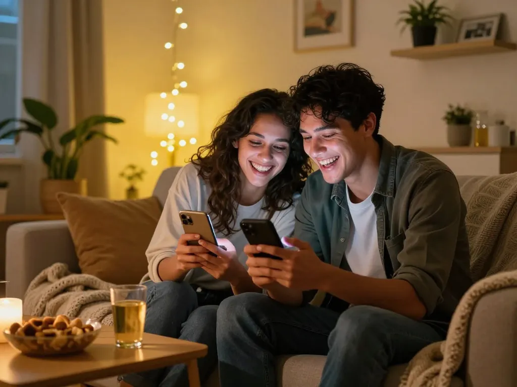 Engaging sexting ai chat between a couple in a cozy living room.