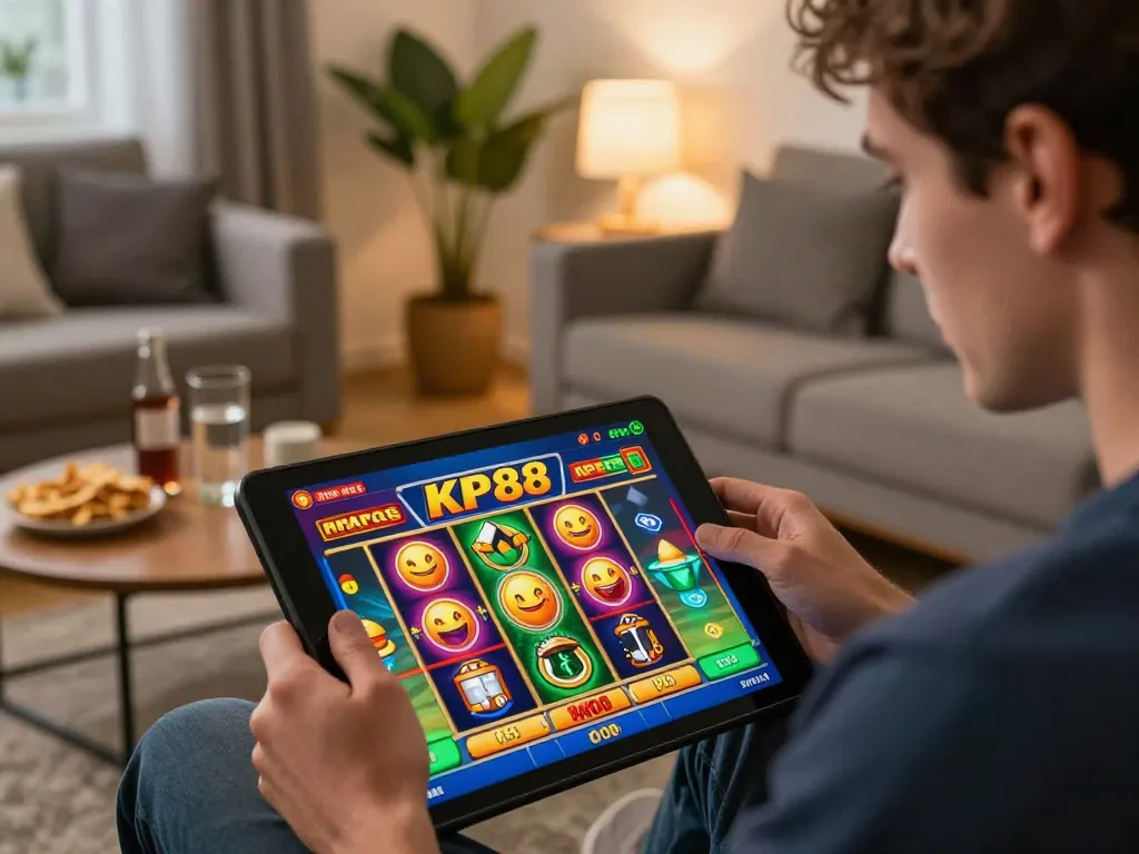 Play a vibrant KP88 SLOT game on tablet in a cozy living room setting