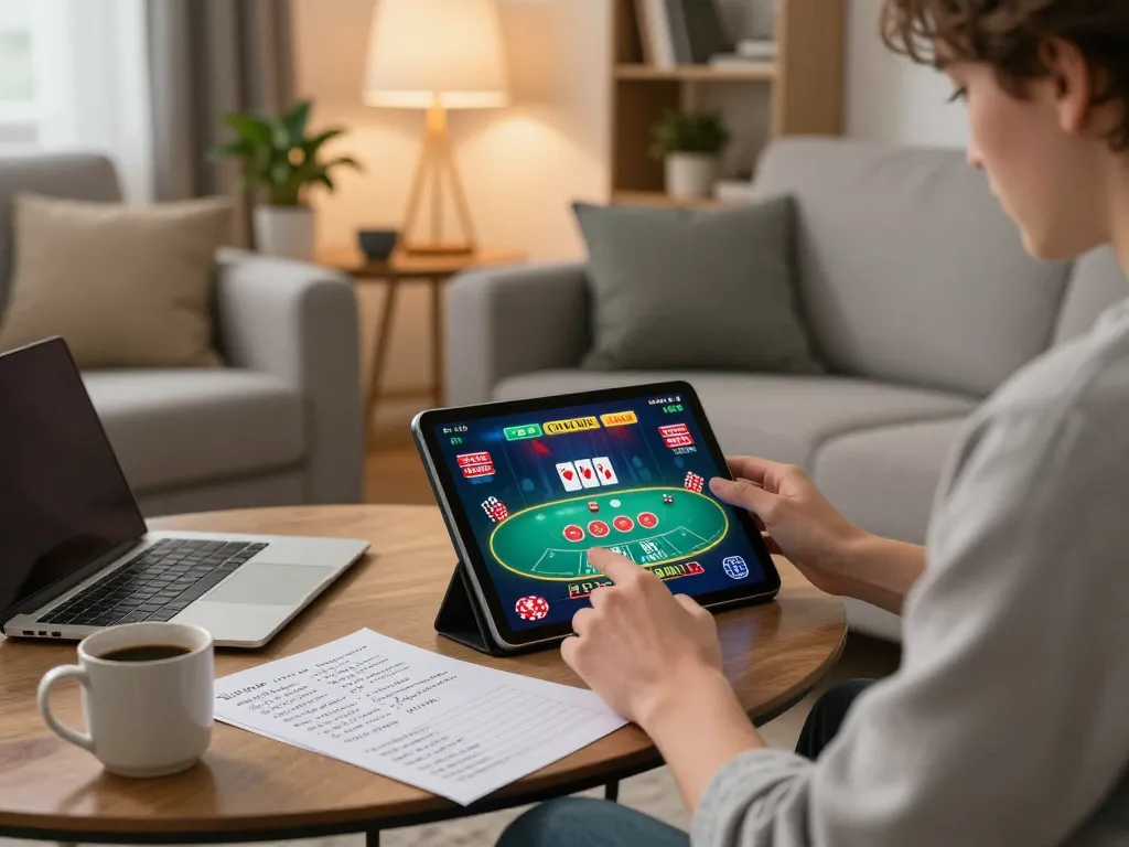 tg88 win! Engaging in online poker game from the comfort of home with strategic notes visible.
