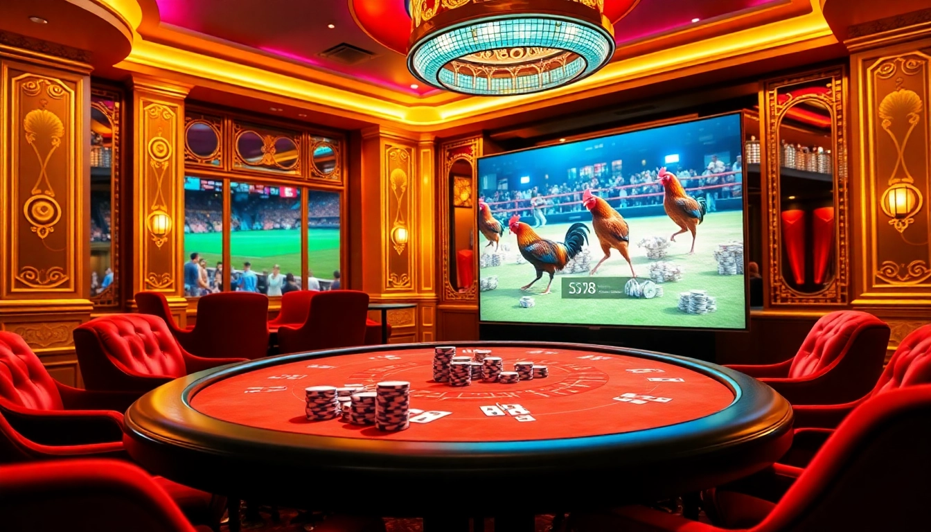 SV388 live cockfighting betting scene with vibrant lights and luxury decor