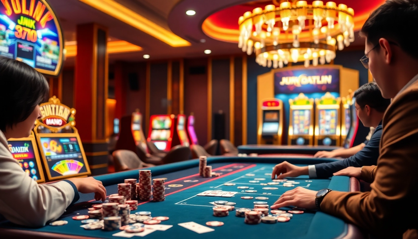 Engage with the exciting link j88 at a dynamic online casino scene featuring vibrant tables and games.