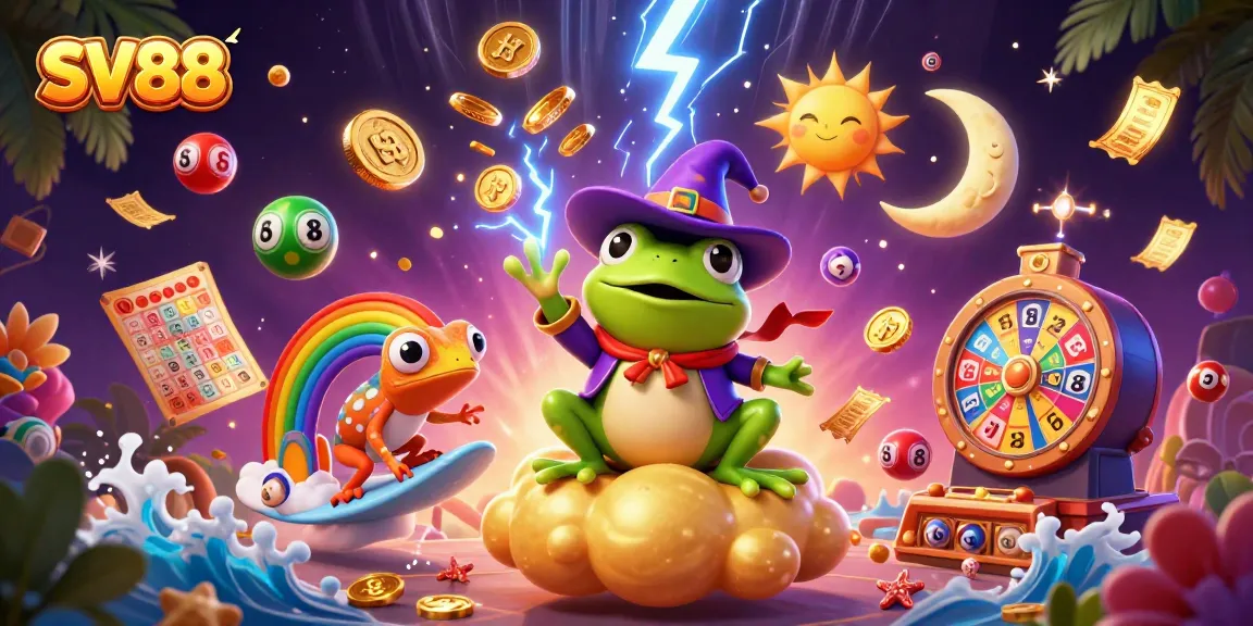 Experience SV88's vibrant casino world as the wizard frog creates golden coin storms alongside the rainbow chameleon.