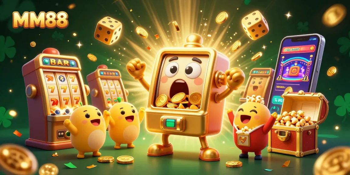 MM88 slot machine celebrates hitting a jackpot with animated coins pouring out in a vibrant casino scene.