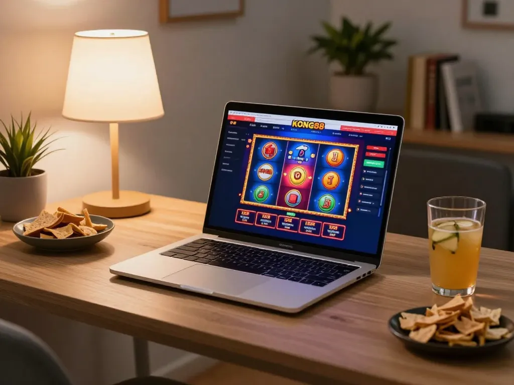 KONG88 gaming interface displayed on laptop while enjoying a cozy online casino experience with snacks.