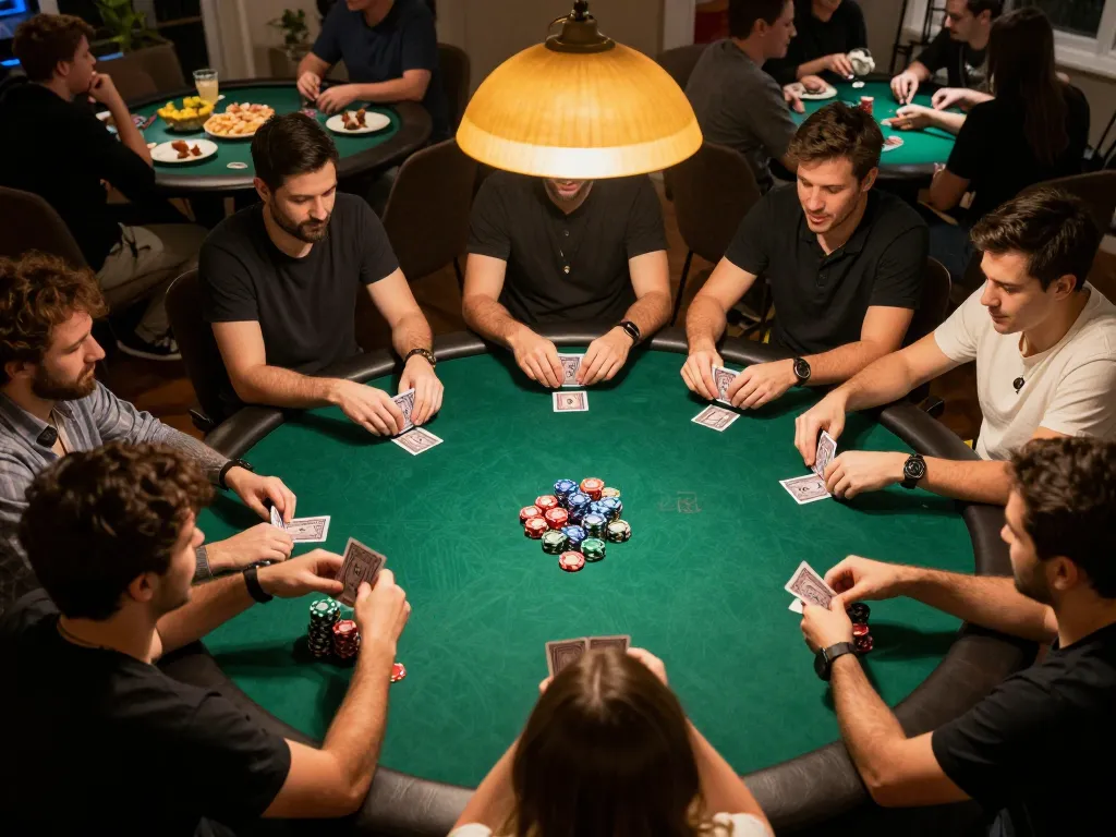 Engaged players strategizing in a poker game at home while discussing lc88 gaming tactics.