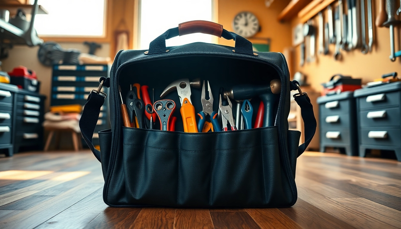 Borsa porta attrezzi professionale che mostra attrezzi in un laboratorio.