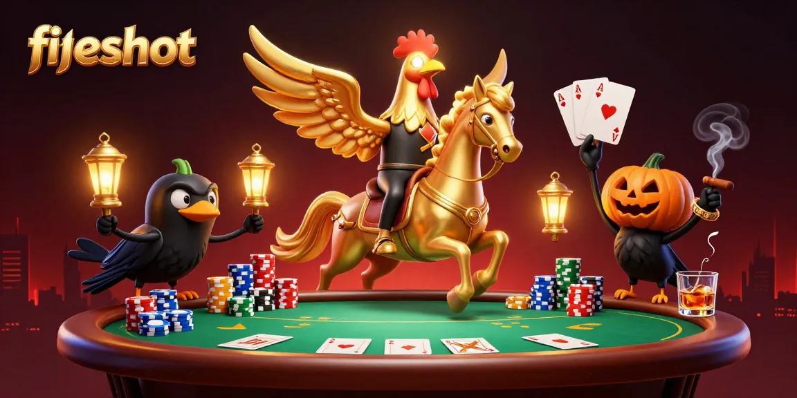 Win big at fiveshot with a golden rooster and crow companions in a vibrant casino scene.