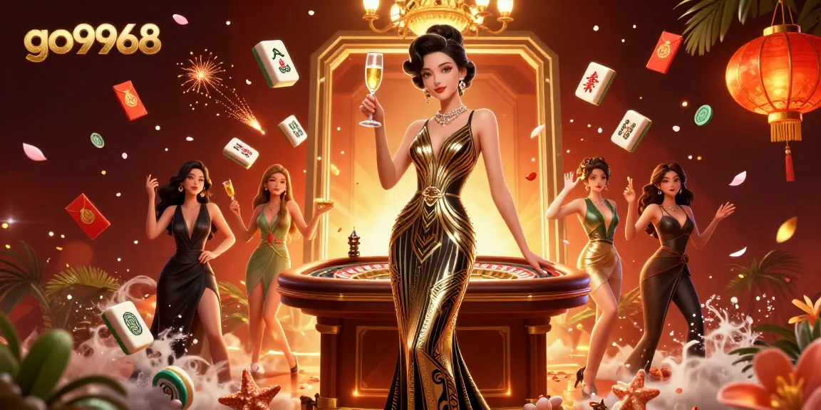 Experience the luxury of go9968 casino with an elegant illustration featuring glamour and gaming.