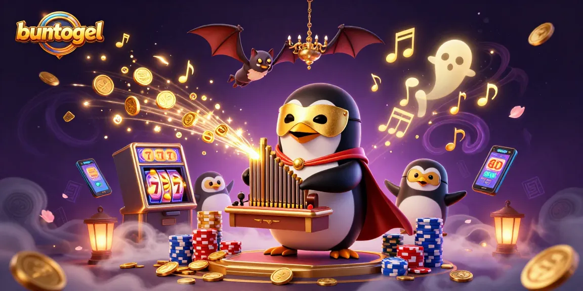 Buntogel showcases a lively scene with a penguin playing a pipe organ as coins rain down, capturing the excitement of online gambling.