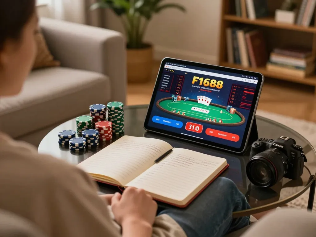 Person enjoying F1688 poker game on tablet in a cozy home setting, showcasing strategic gameplay.