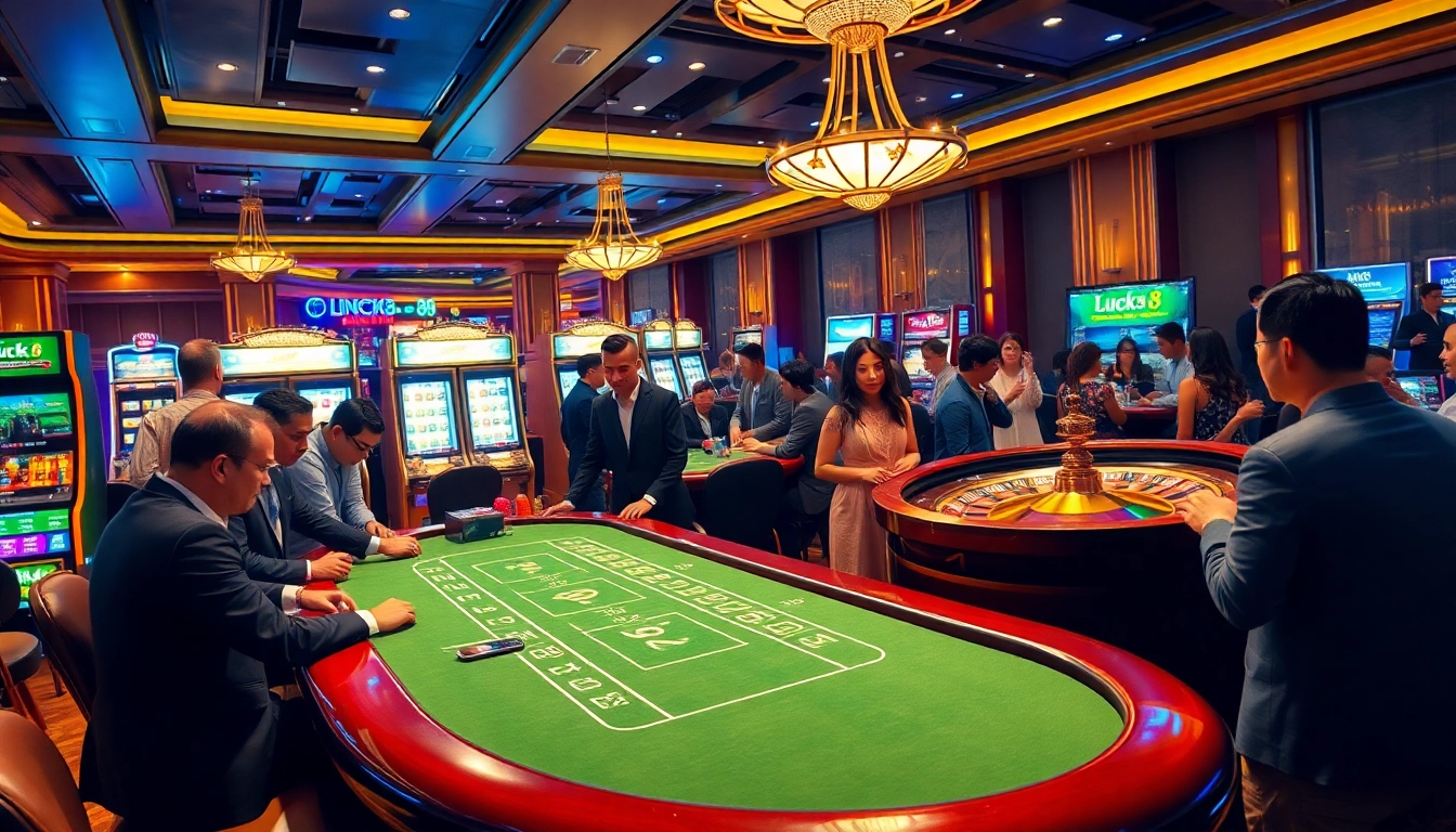 Exciting gambling action at Nhà cái Luck8 casino with players at the poker table and vibrant slot machines.