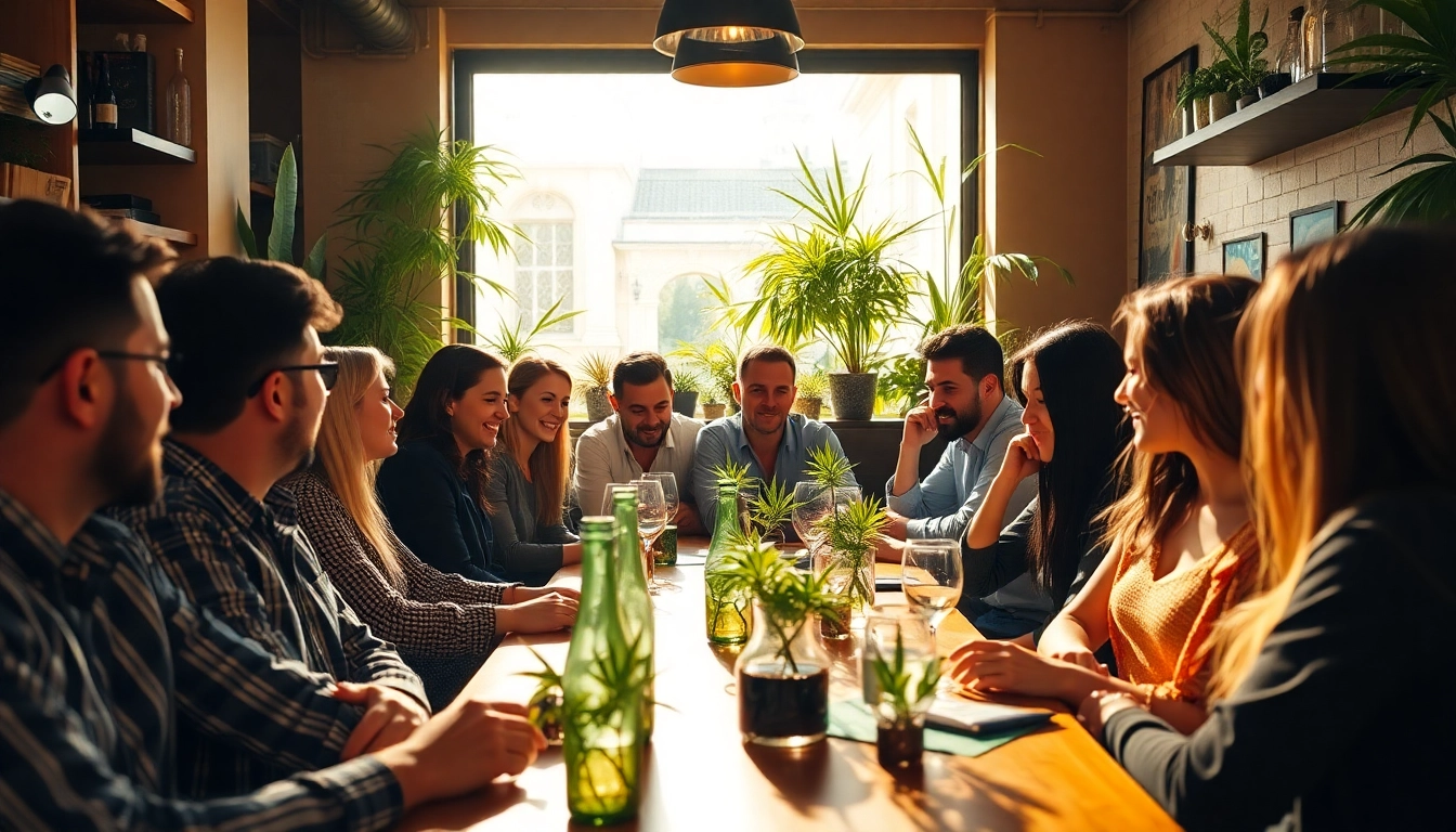 Vibrant scene of Club Cannabis Madrid members socializing in a welcoming atmosphere