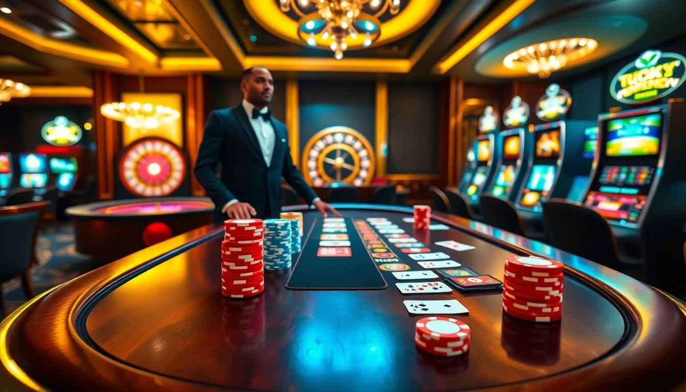 Experience high-stakes excitement at https://luck8.discount/ with vibrant casino tables and colorful poker chips.