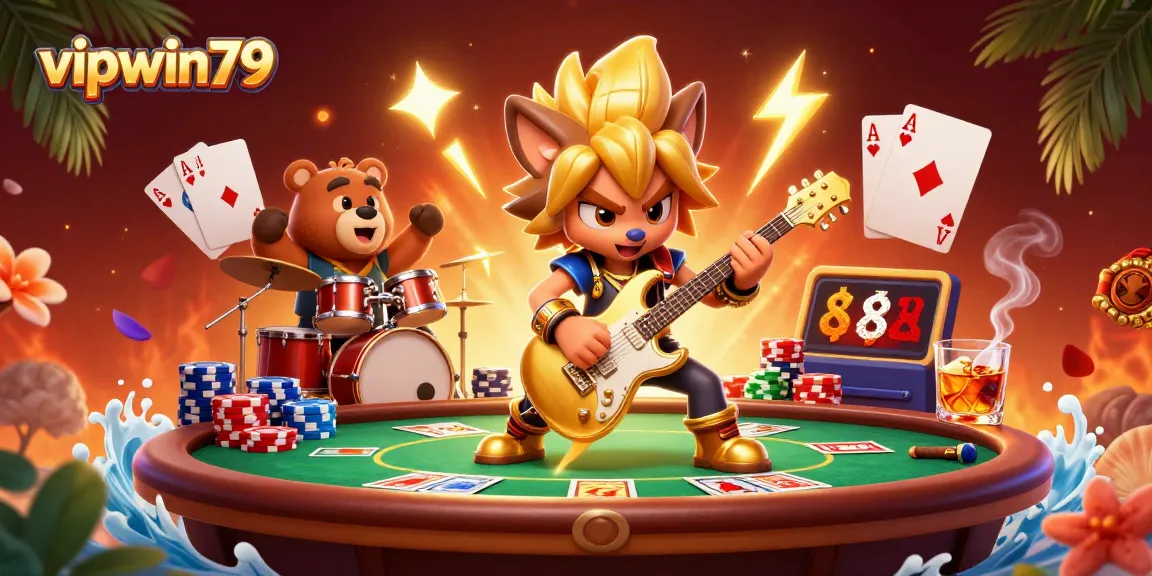 Join the excitement at vipwin79 as the wolf rockstar shreds on stage amidst intense poker action!